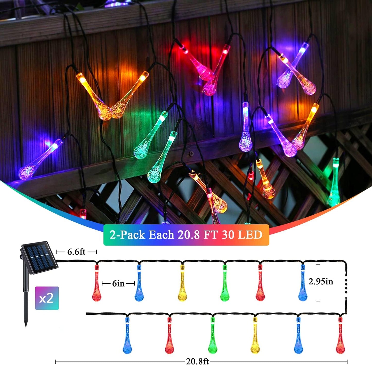 LED Water Drop Lights, Solar Christmas 30 Lights, Multicolor, 8 modes and 22 feets