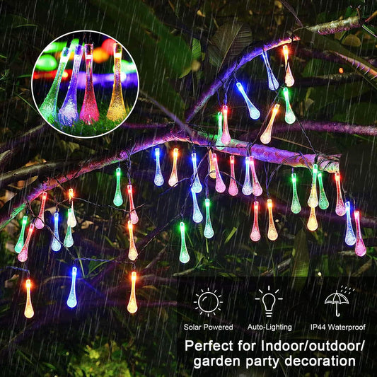 LED Water Drop Lights, Solar Christmas 30 Lights, Multicolor, 8 modes and 22 feets
