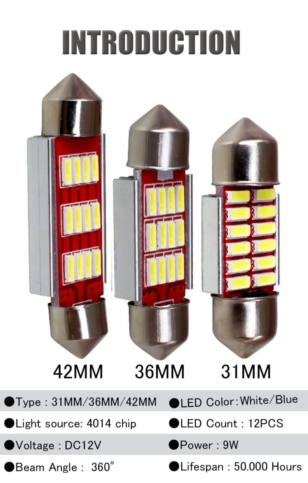 Festoon LED Bulb Super Bright CANBUS 12-SMD 4014 Chipsets (31mm,36mm,41mm)