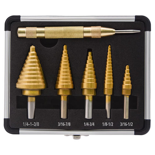 5PCS Titanium Spiral Grooved Step Drill Bit Set with Automatic Center Punch with Aluminum Case
