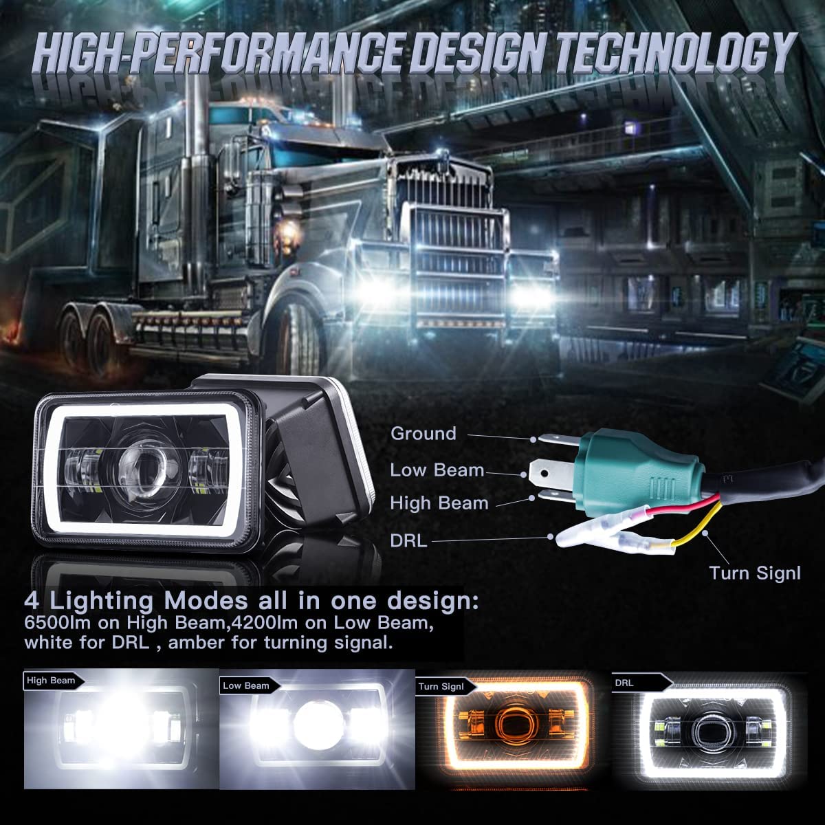 4x6 LED Headlights 2PCS High and Low Sealed Beam with DRL Halo Turn Signal Rectangular Headlight H4651 H4652 H4656 H4666 H6545 H4668 H4642