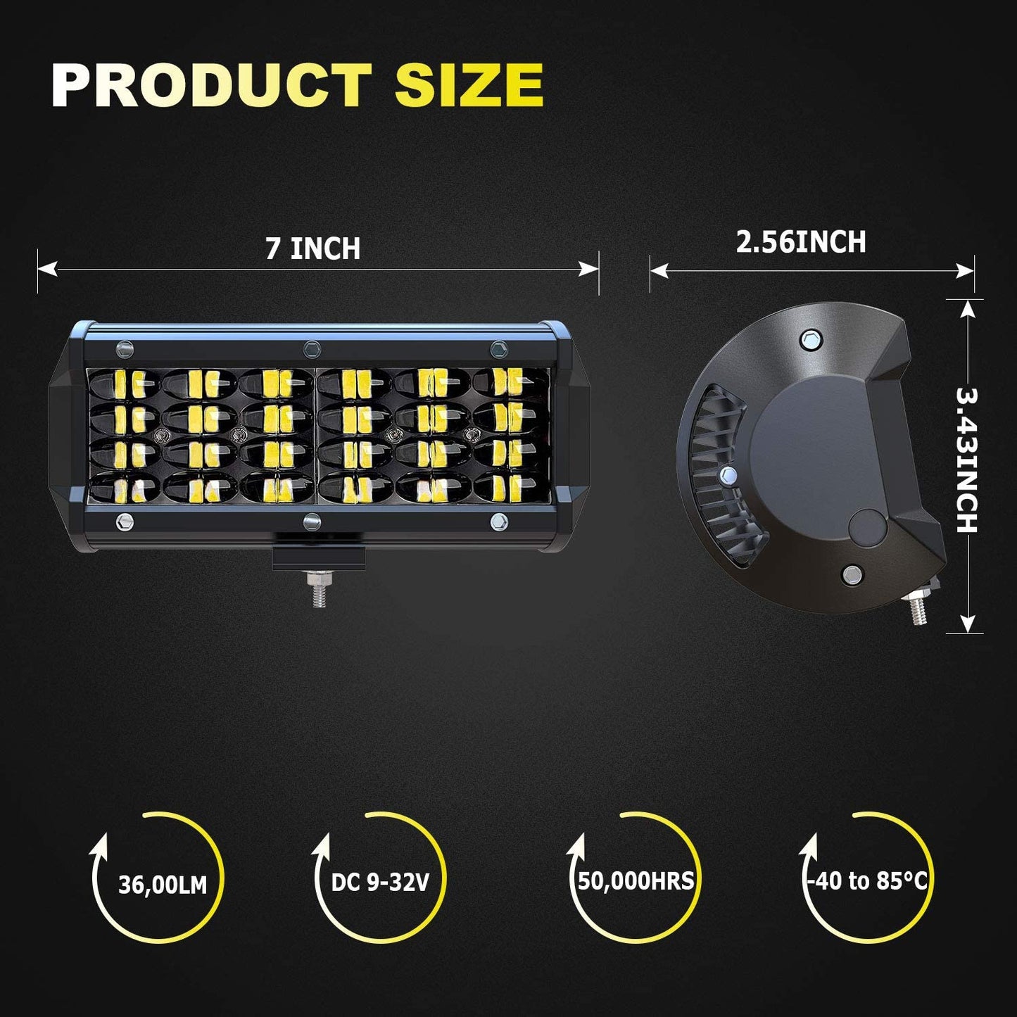 2 units 7 Inch LED Work Lights 72Watts Quad row LED Pods Off Road Driving Lights and Wirring Harness