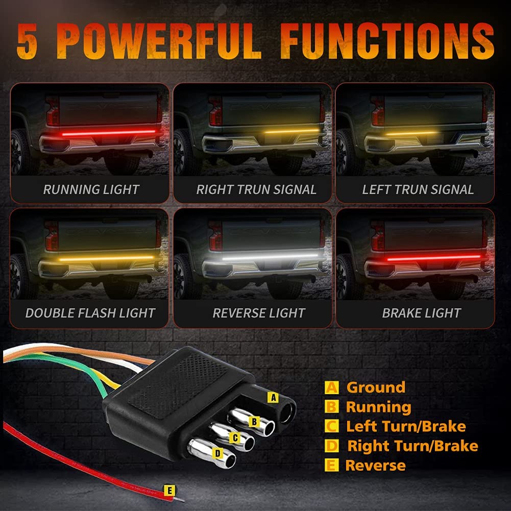 60 Triple Row LED Tailgate Light Bar Strip Red White Yellow Switchback, Sequential Turn Signal / Reverse / Brake / Tail Light Kit