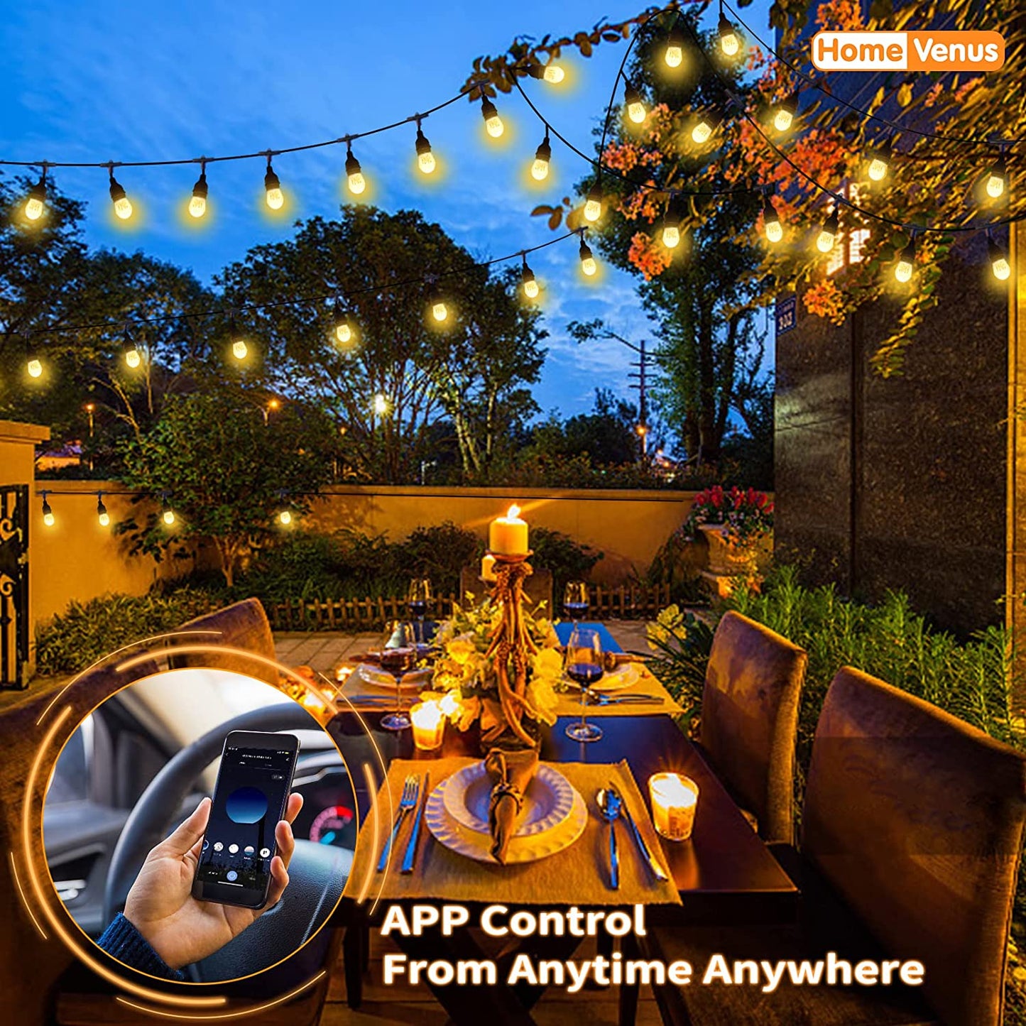 Smart Outdoor String Lights LED 24Ft-12-Acrylic-Bulb Candlelight Tunable Dimmable Warm White Waterproof Lights,APP Control 2.4GHZ WiFi Alexa